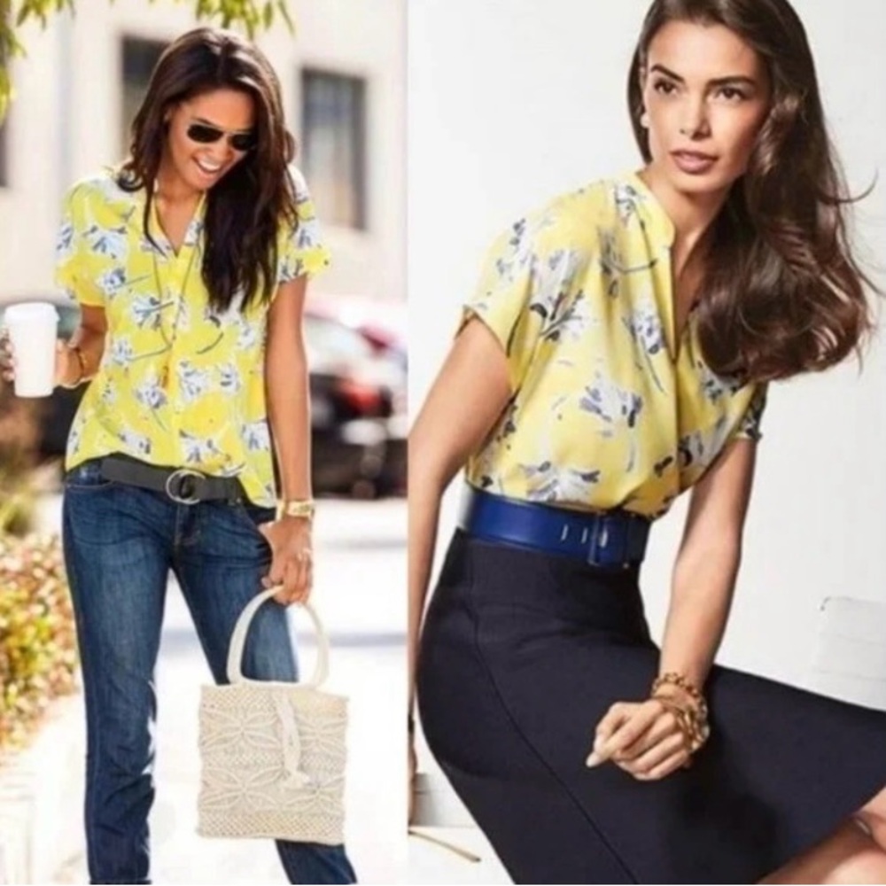 CAbi Stevie Sunny Days Yellow and Blue Floral Blouse Size Medium spring top